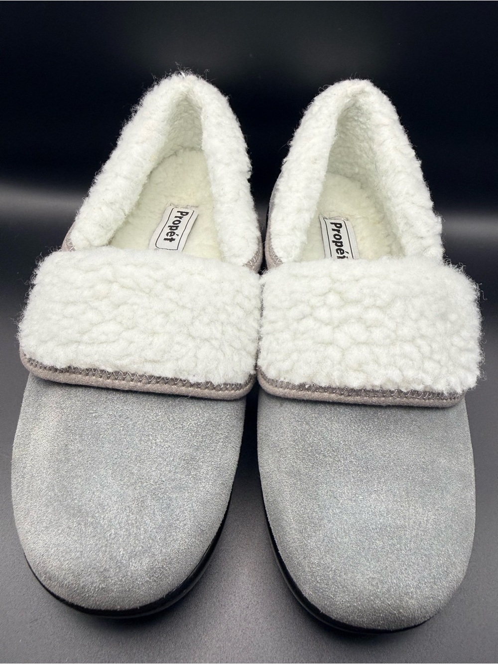 Propet - Colbie Gray Suede Slippers with White Sherpa